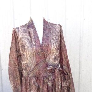 NOS Vintage Brown Gold Paisley SHEER Metallic Maxi Dressing Robe Periphery P